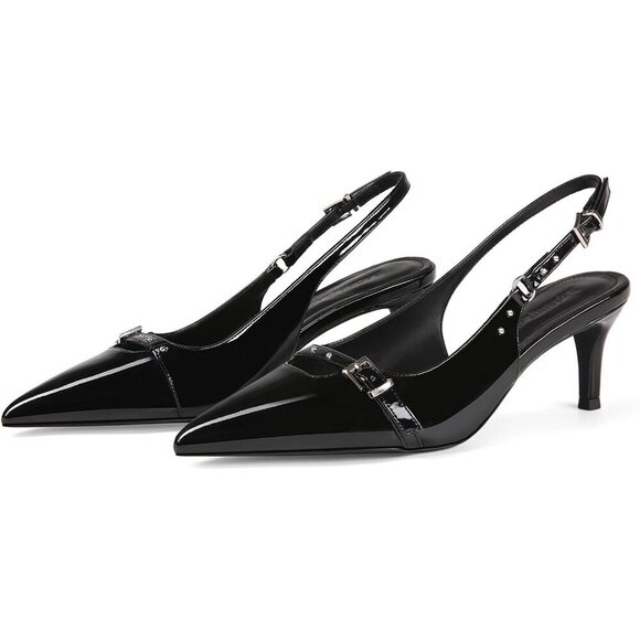 🆕Women Black Sling Back Heels Pointed Slip On Pumps Closed Toe Kitten Heeled - Picture 1 of 6